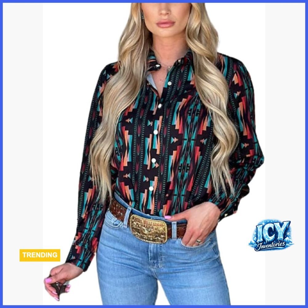 Retro Aztec Pearl Snap Blouse Long Sleeve Western Cowgirl Top